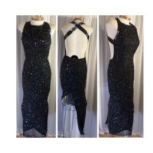 Long Black Silk M Formal Gown Dress Vintage Beaded